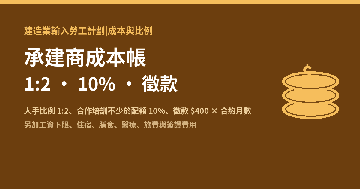 建造業輸入勞工計劃 1:2 比例+培訓 10%+徵款:承建商成本帳